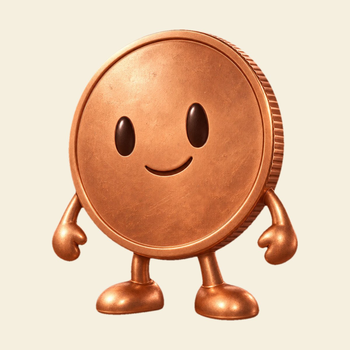 Penny, the cartoon copper penny mascot, on a cream background