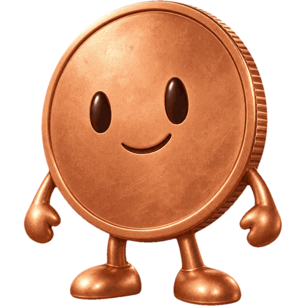 Penny, the cartoon copper penny mascot, transparent background